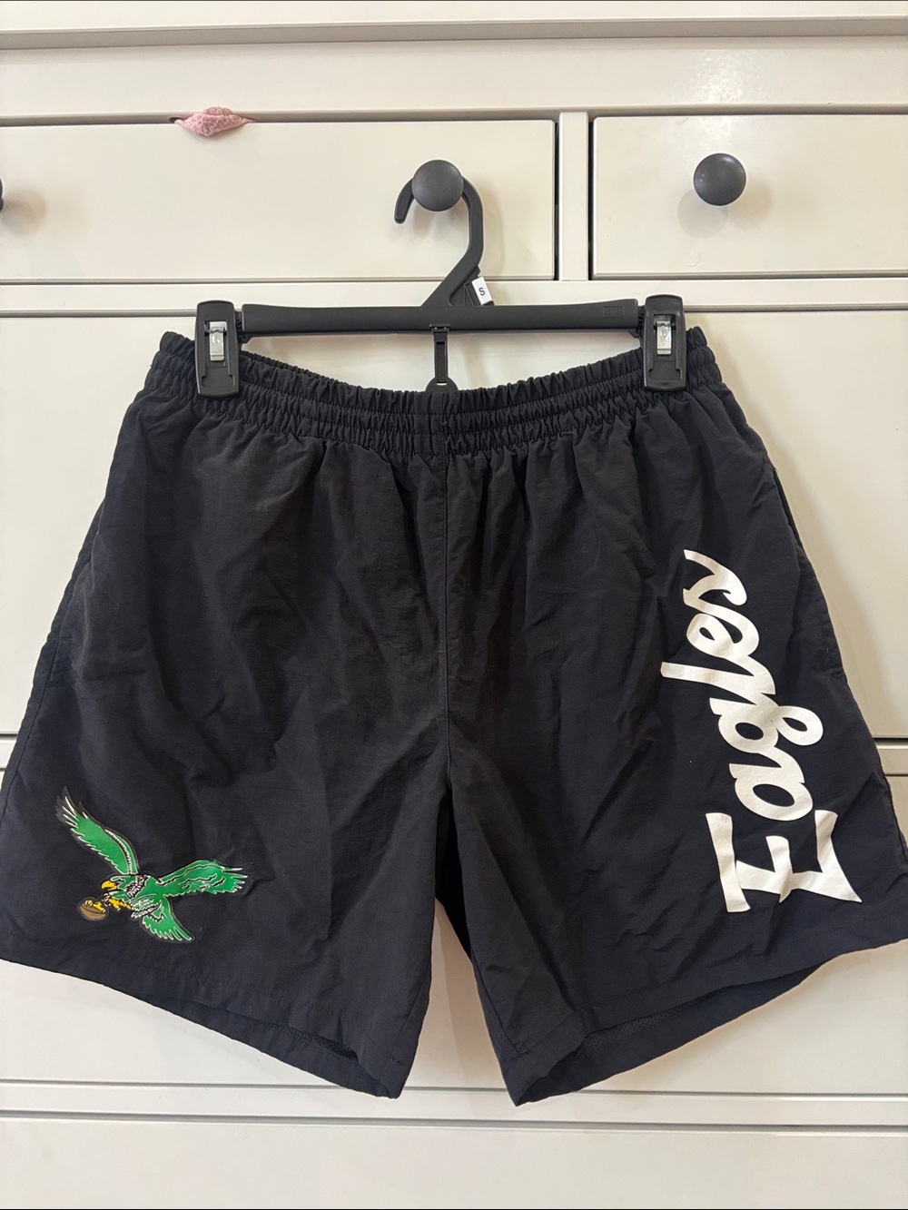 Mitchell & Ness Black Swim Trunks with Green Eagle Patch